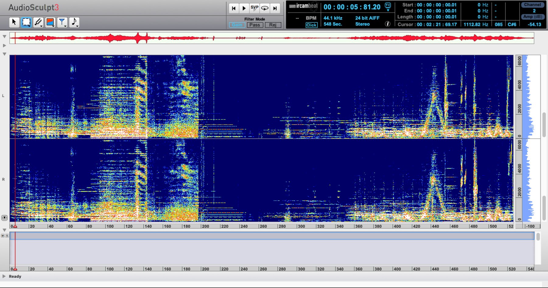 AudioSculpt showing the sonogram of the whole piece, 548 seconds, stereo.