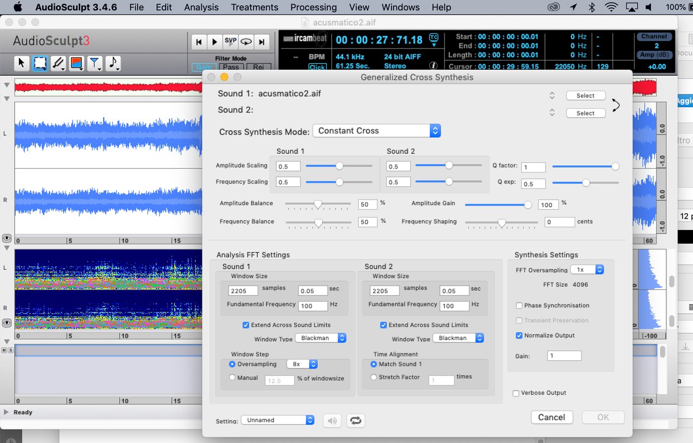 AudioSculpt, the Generalized Cross Synthesis dialog with its parameters.