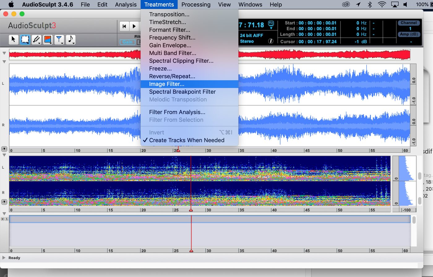 AudioSculpt, the Treatments menu with Image Filter selected.