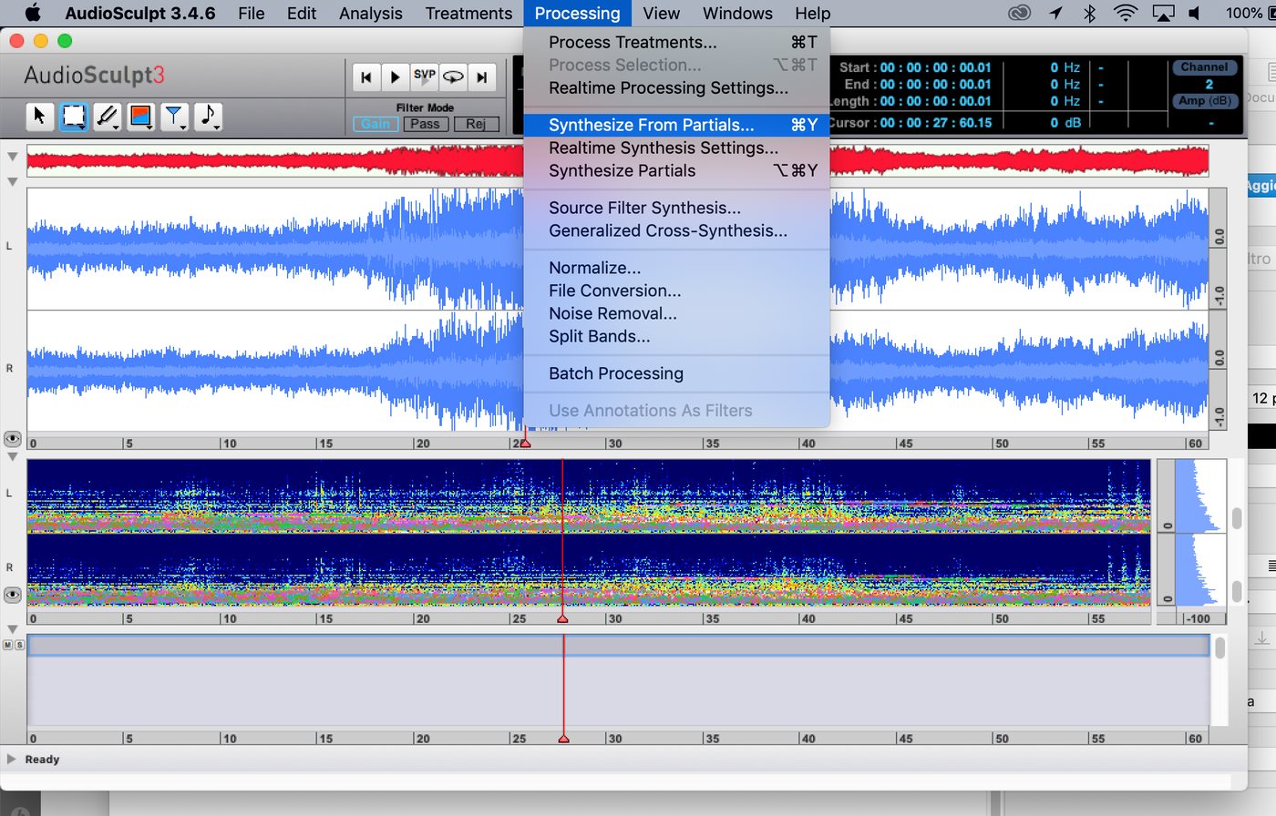 AudioSculpt, the Processing menu with Synthesize From Partials selected.
