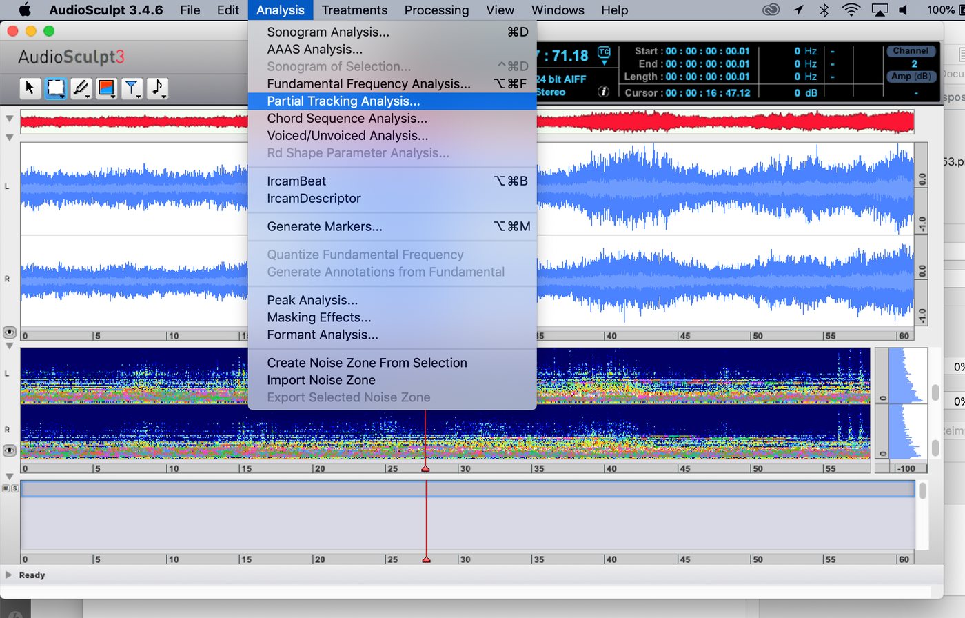 AudioSculpt, the Analysis menu with Partial Tracking Analysis selected over a sonogram.