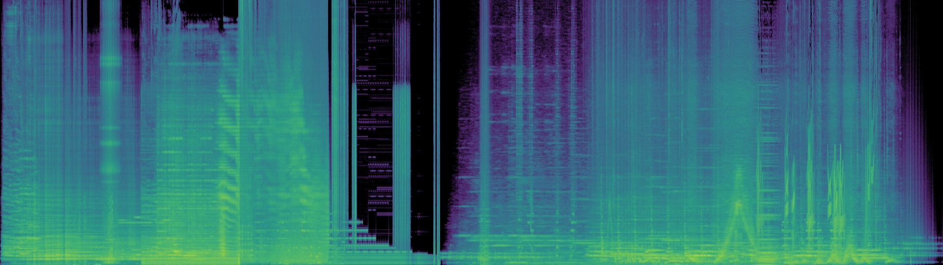 Spectrogram of the complete piece, showing a dense first part, a long thinning in the middle and a second growth.